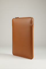 Contemporary Tech Sleeve Pochette in Camel Dune Tan Italian Saddle Leather – Angled View