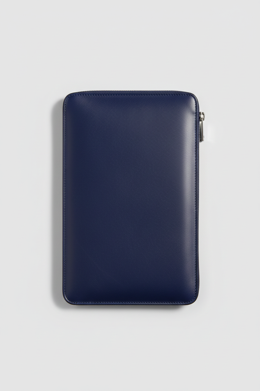 Contemporary Tech Sleeve Pochette in Deep Ocean Indigo Luxe Brushed Leather – Front View