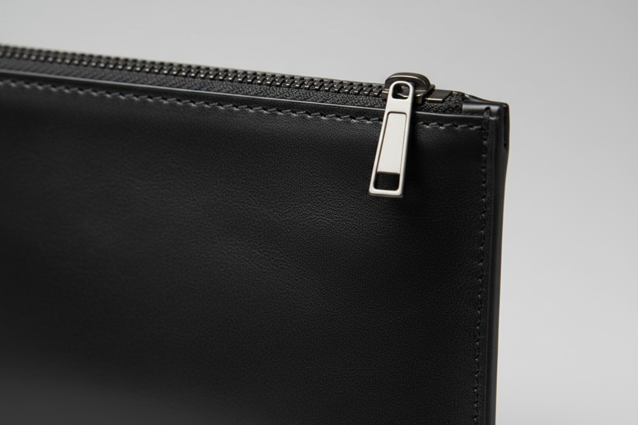 Minimal Luxury Pouch in Black, leather and zipper macro close-up