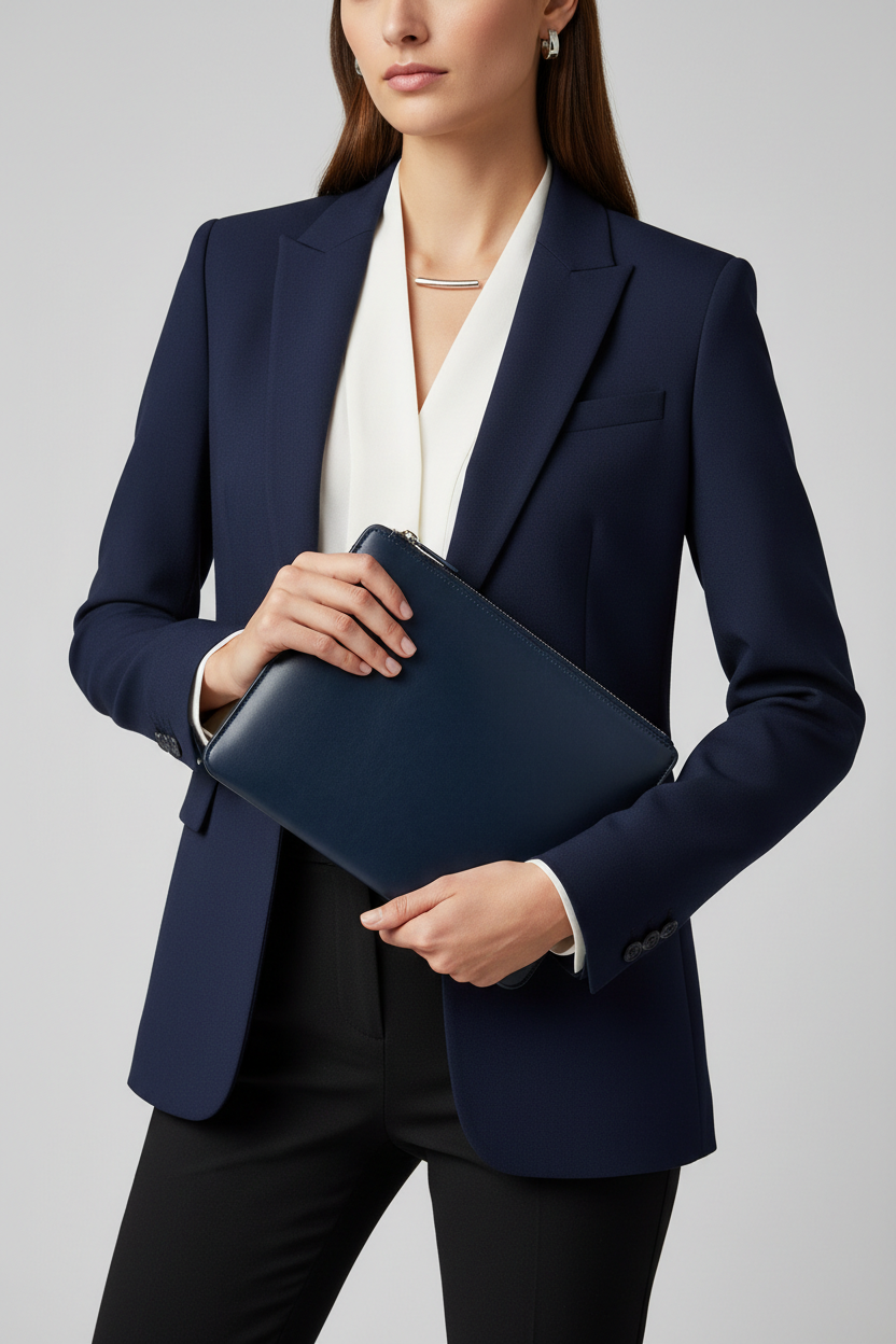Contemporary Tech Sleeve Pochette in Deep Ocean Indigo Luxe Brushed Leather – Professional Model