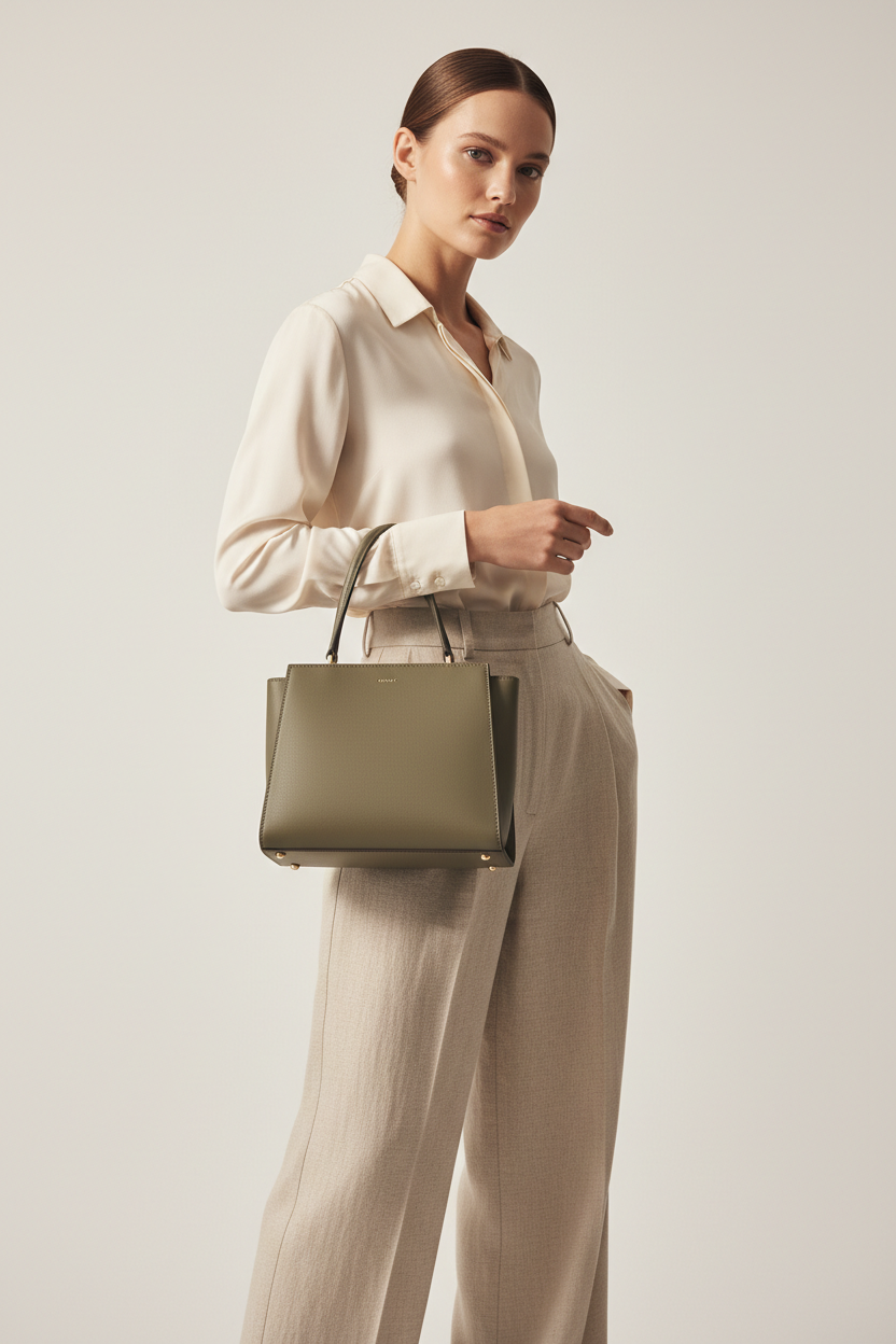 Female model holding Mini Luxe Top-Handle Bag in Dusty Olive