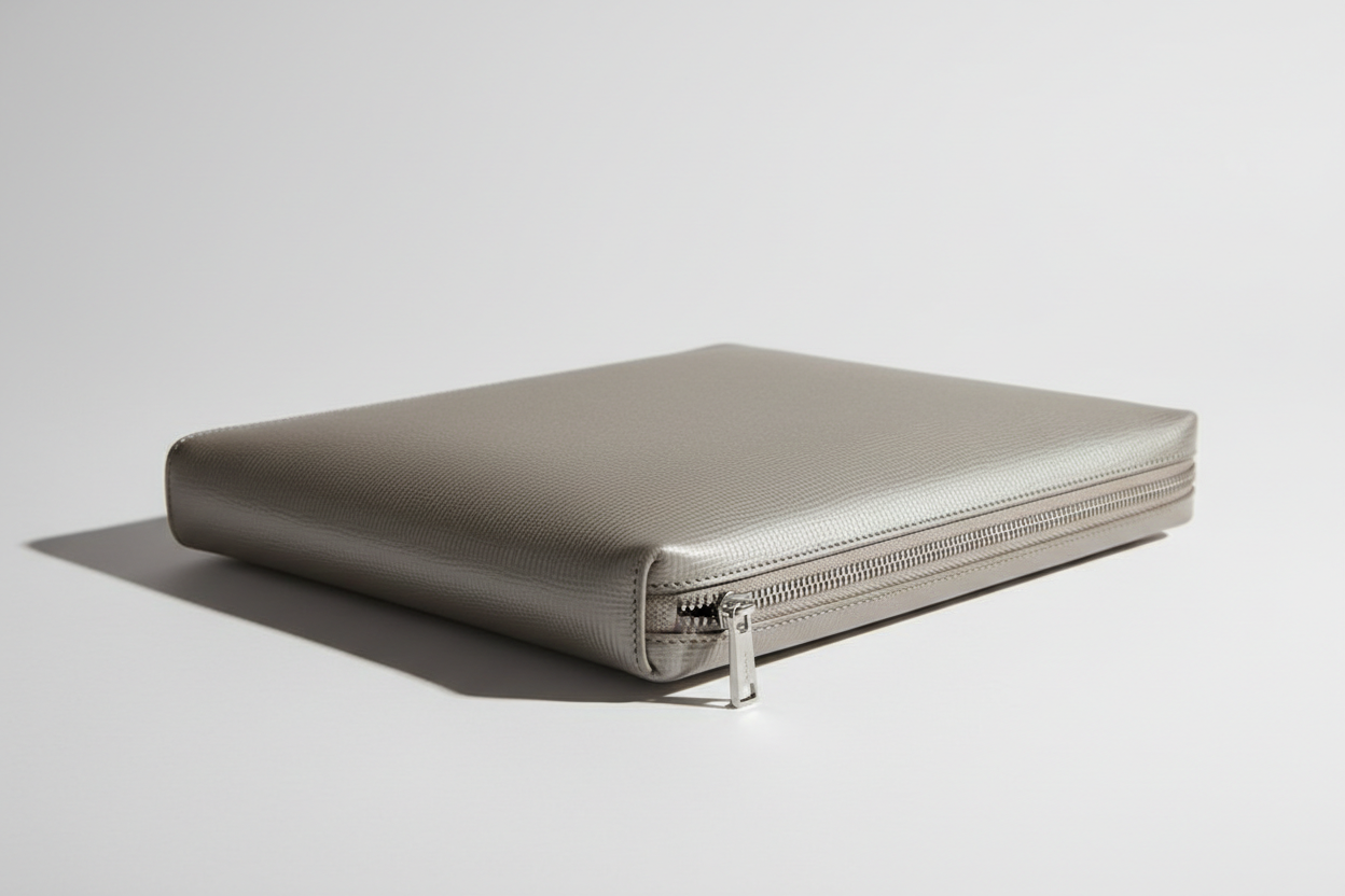 Premium Zip Work Portfolio in Ashwood Silver Taupe Refined Crossgrain Leather – Side Angle