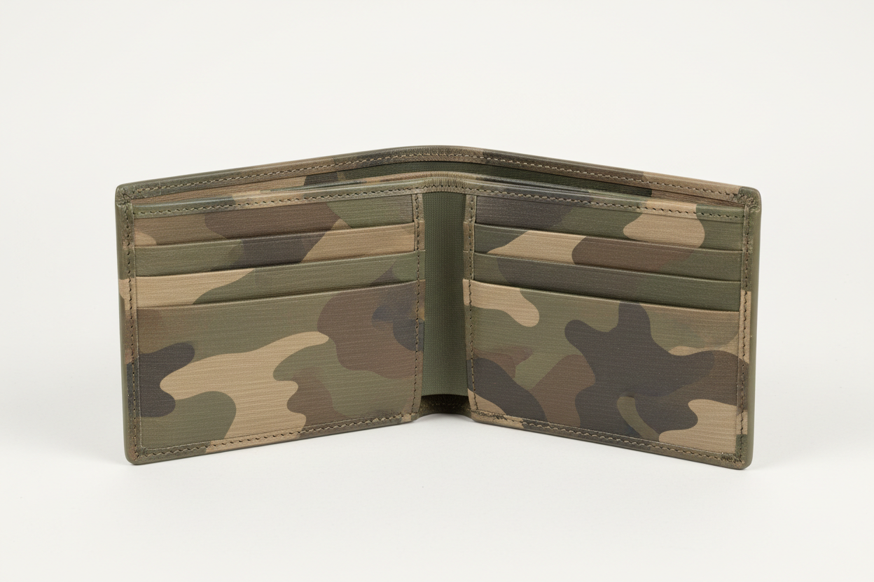 Premium Leather Wallet in Camouflage, open interior view