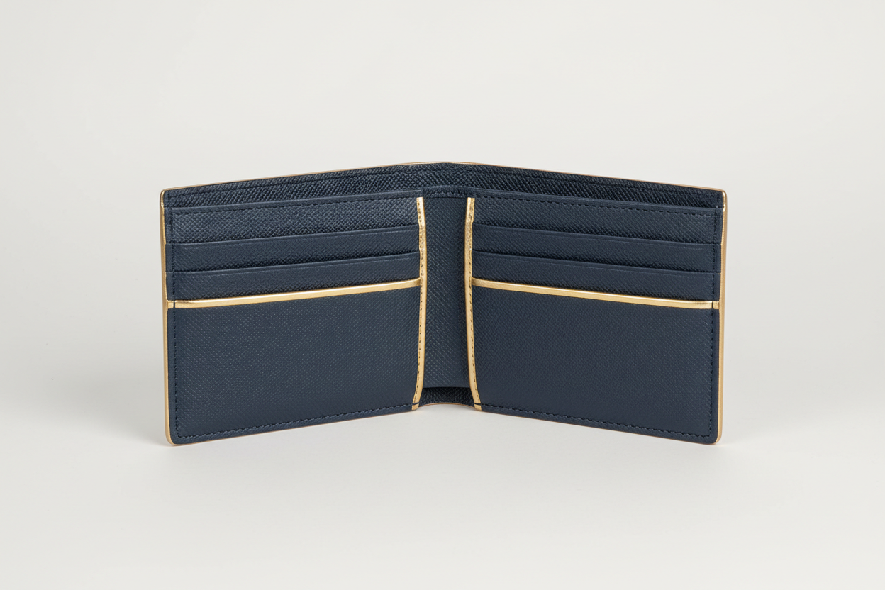 Urban Everyday Wallet in Navy and Gold, open interior view