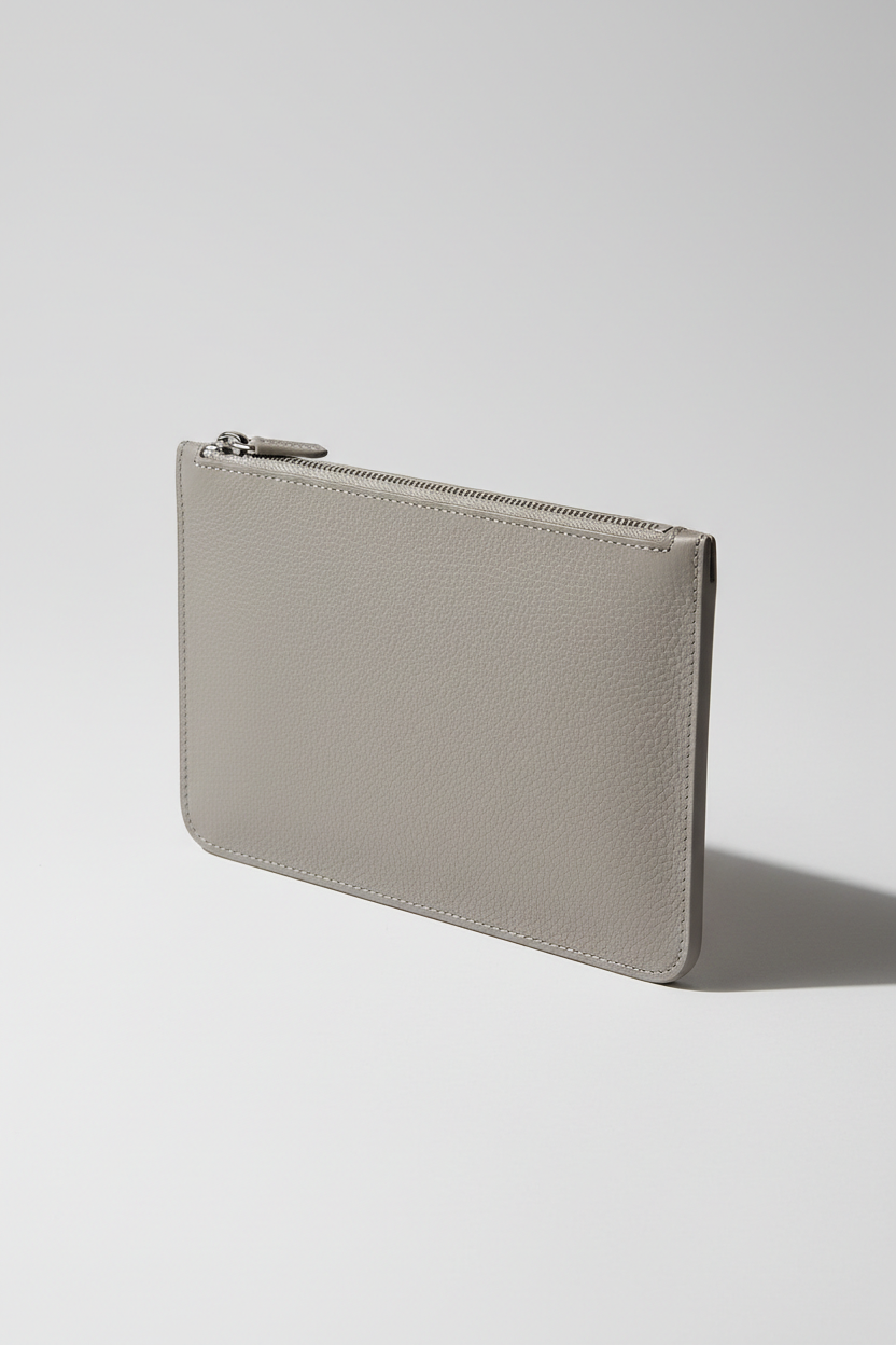 Elite Office Carry Pochette in Polar Mist Grey Matte Palmellato Leather – Angled View