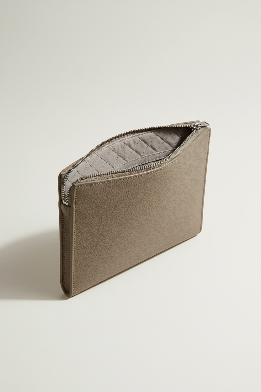 Contemporary Tech Sleeve Pochette in Silver Moss Taupe Premium Structured Leather – Interior View