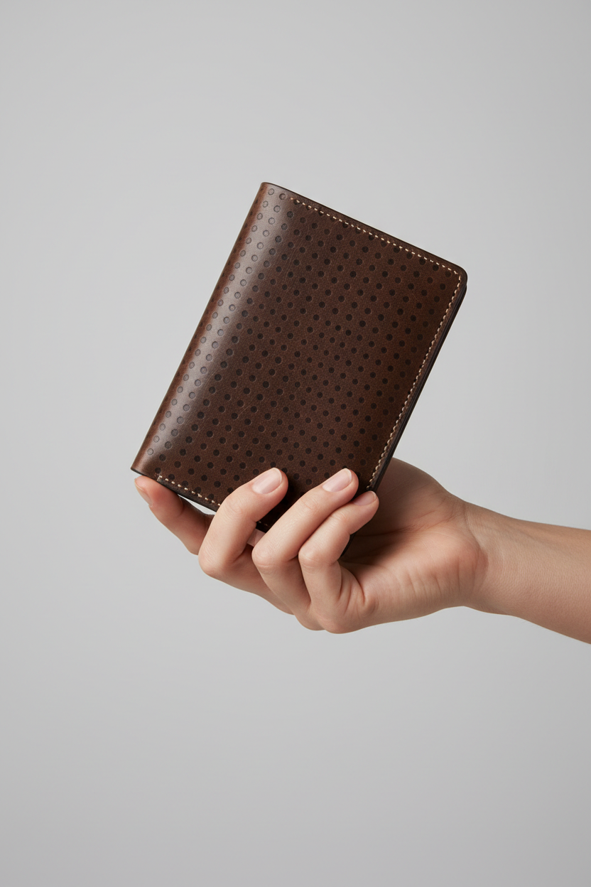 Hand holding Premium Leather Wallet in Dots