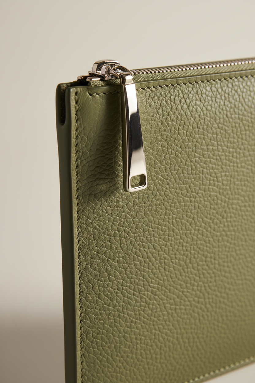 Quiet Luxury Tablet Pochette in Sage Timber Green Refined Pebbled Leather – Leather & Zipper Detail
