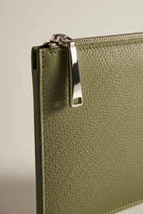 Quiet Luxury Tablet Pochette in Sage Timber Green Refined Pebbled Leather – Leather & Zipper Detail