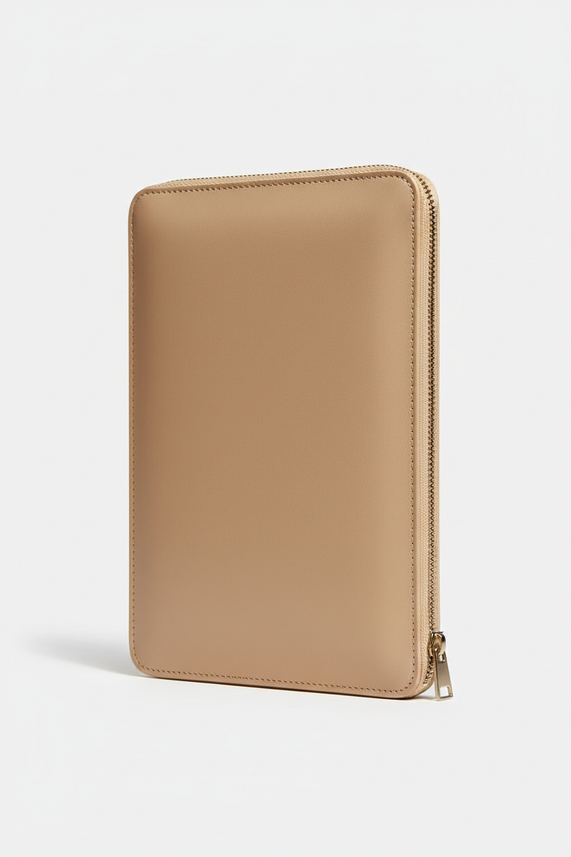 Quiet Luxury Tablet Pochette in Champagne Drift Beige Brushed Office Leather – Front View