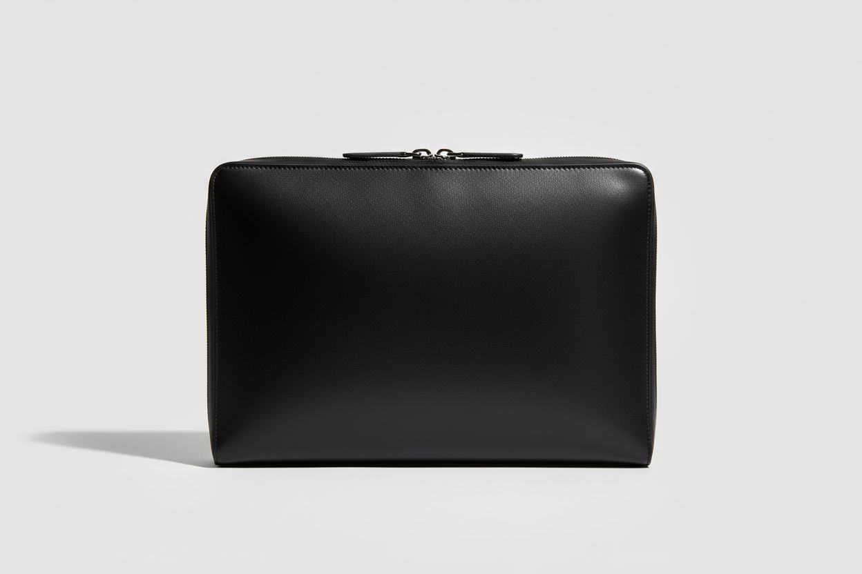 Premium Zip Work Portfolio in Onyx Steel Black Smooth Executive Leather – Front View