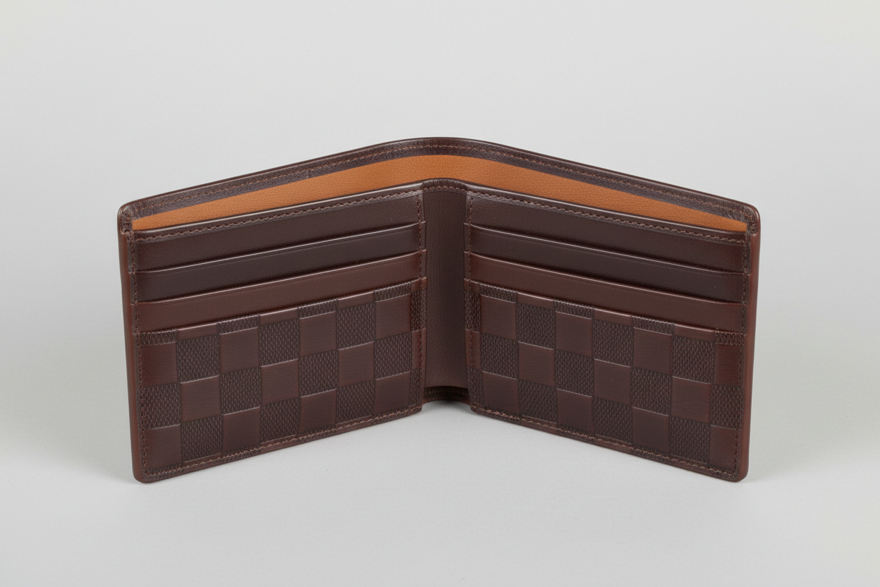 Premium Leather Wallet in Checkered, open interior view