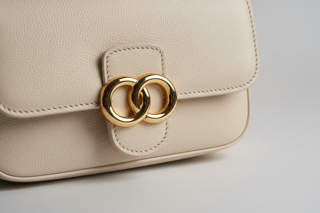 Minimal Luxe Shoulder Bag in Ivory Cream, leather and hardware close-up