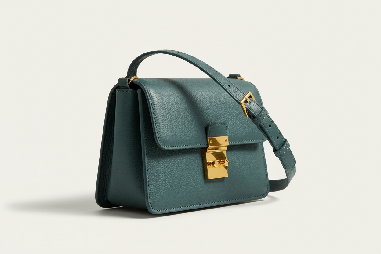 Contemporary Flap Shoulder Bag in Muted Teal, side angle view