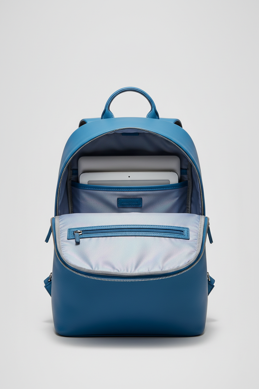 Urban Luxe Women's Backpack in Ocean Pearl Blue Smooth Italian Leather – Interior View
