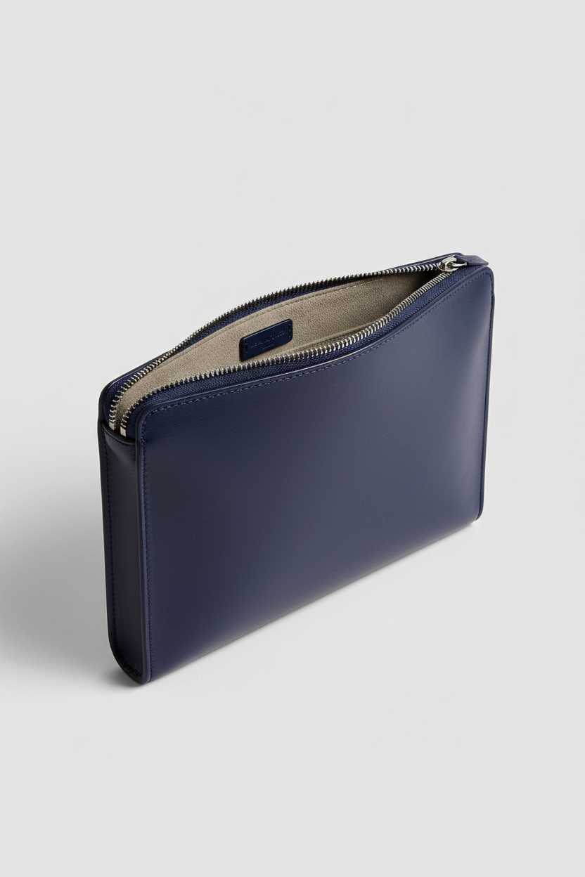 Contemporary Tech Sleeve Pochette in Deep Ocean Indigo Luxe Brushed Leather – Interior View