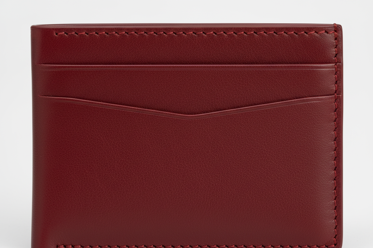 Minimal Card Wallet in Red, matte calfskin leather macro close-up