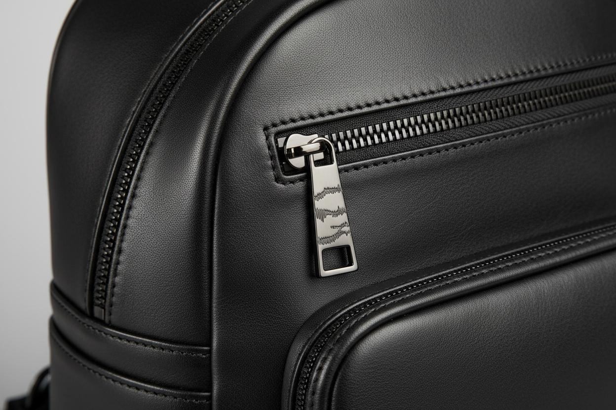 Contemporary City Backpack in Obsidian Pearl Black, leather and zipper close-up