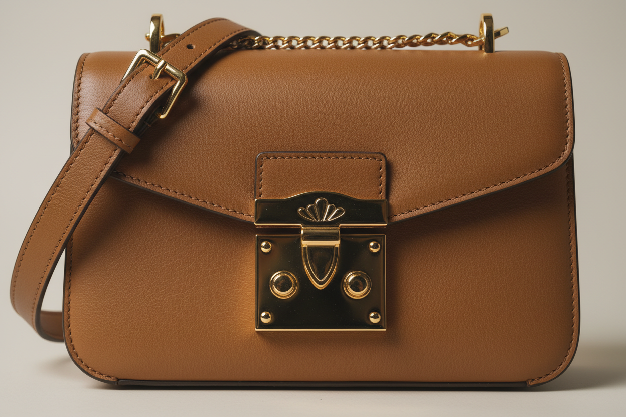 Classic City Shoulder Bag in Camel Tan, front-lock closure and hardware close-up