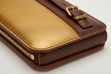 Signature Utility Pouch in Gold and Brown, executive leather macro close-up