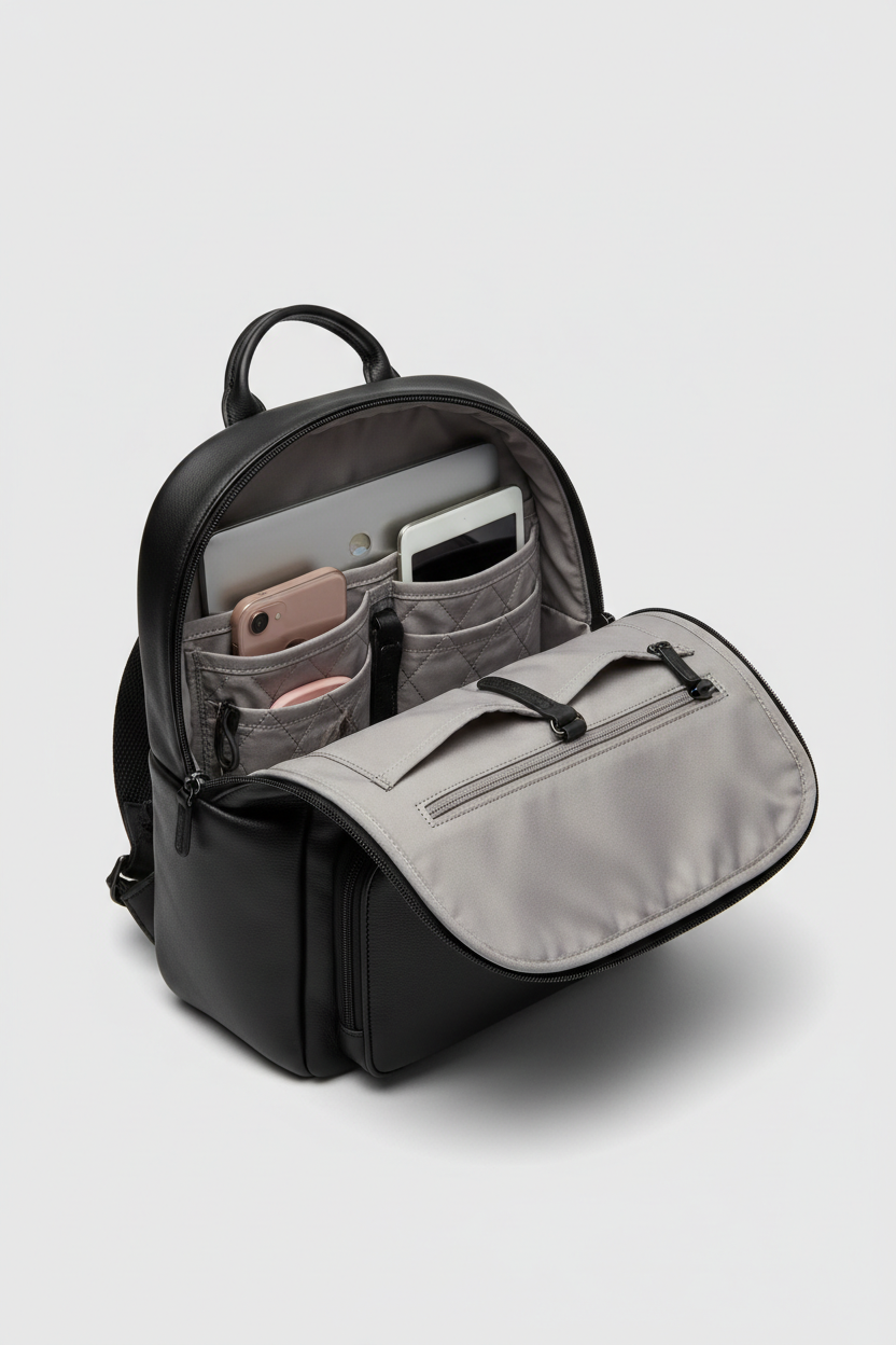 Elegant Everyday Women's Backpack in Velvet Shadow Black Matte Executive Leather – Interior View