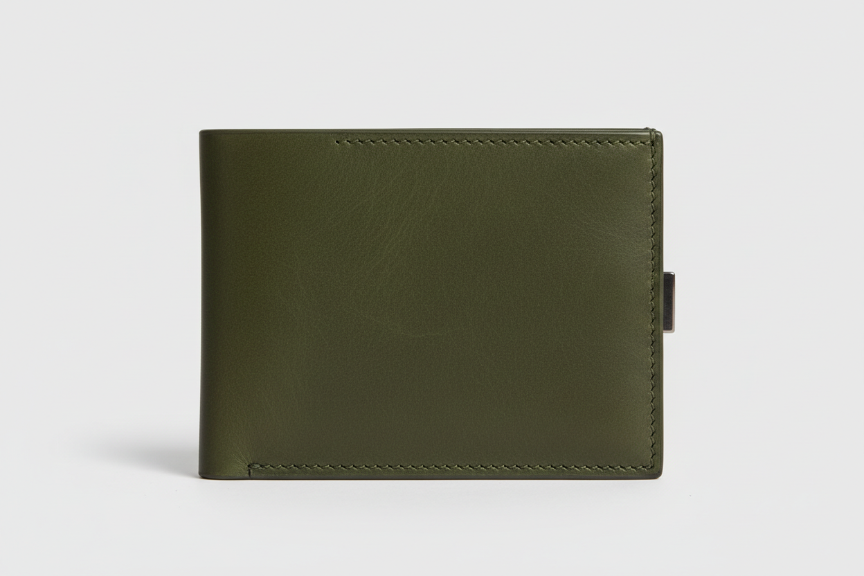 Luxury Essential Card Holder in Evergreen Timber Moss, front view