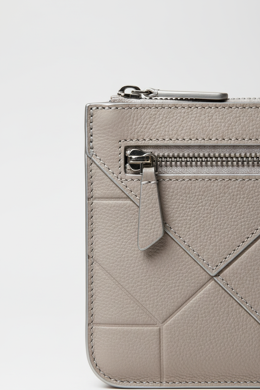 Minimal Luxe Pouch in Geometric and Silver, portrait grain leather macro close-up