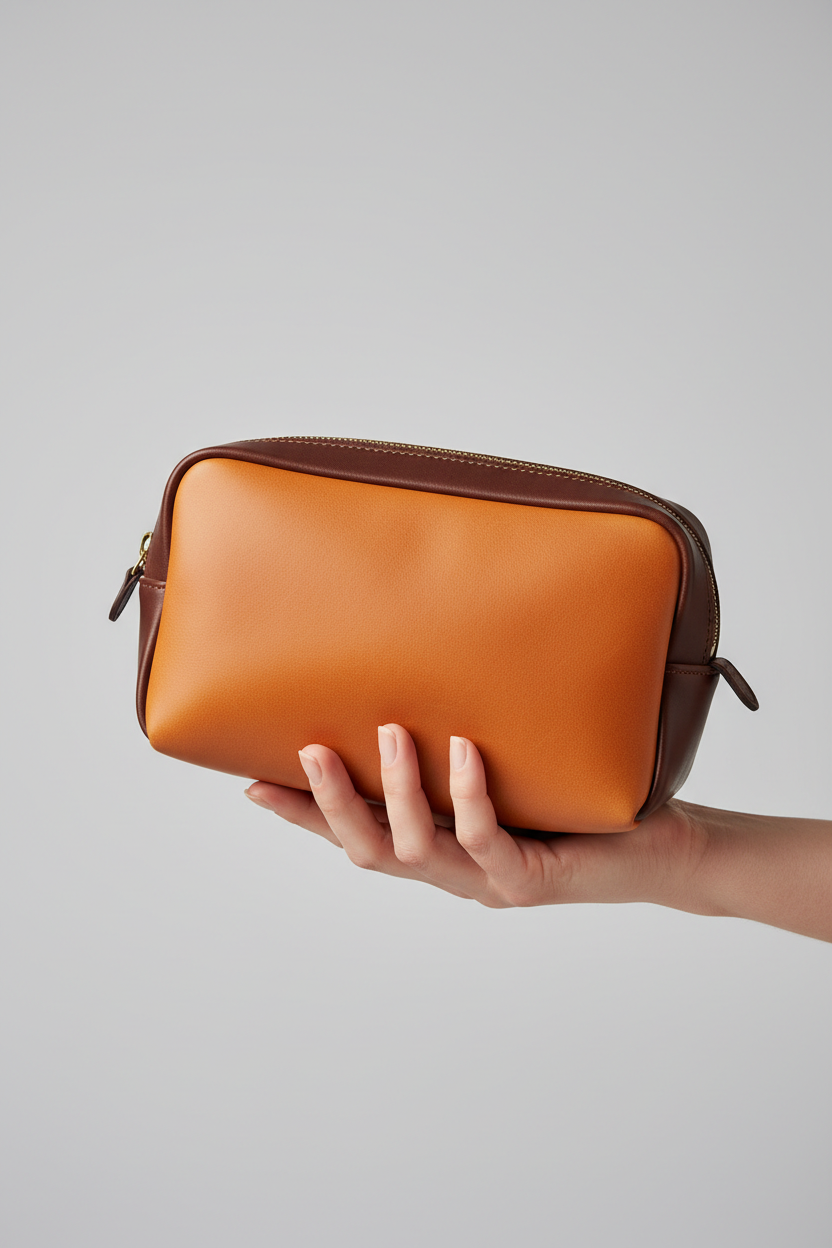 Hand holding Modern Travel Pouch in Orange and Brown