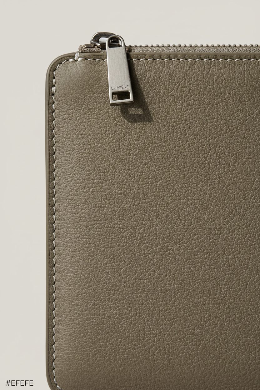 Contemporary Tech Sleeve Pochette in Silver Moss Taupe Premium Structured Leather – Leather & Zipper Detail