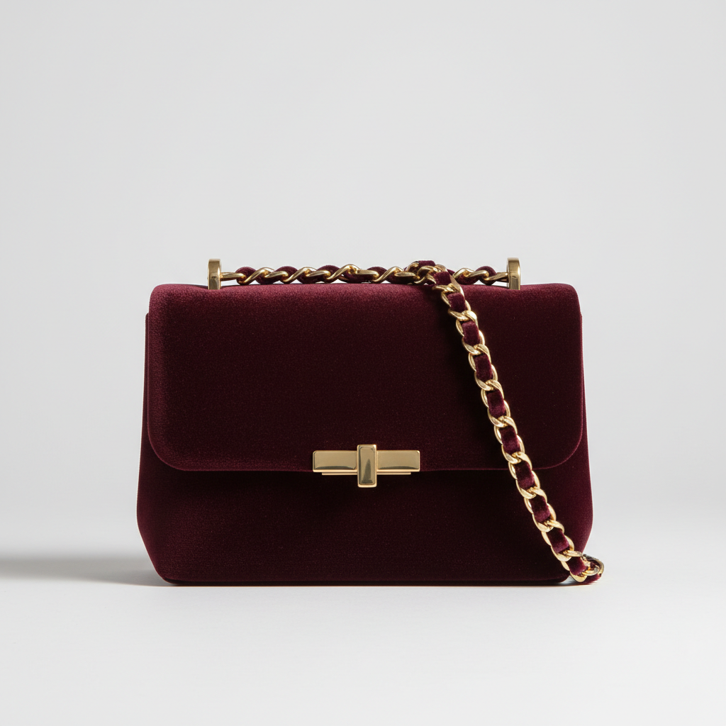 Contemporary Mini Flap Bag in Velvet Noir Burgundy – Front View