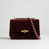 Contemporary Mini Flap Bag in Velvet Noir Burgundy – Front View