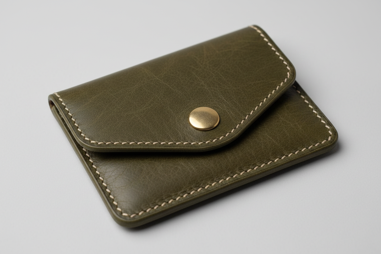 Executive Mini Porte-Cartes in Mosswood Terrain Olive, leather and hardware close-up