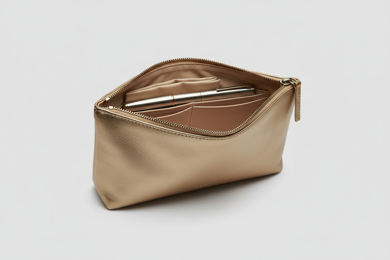Minimal Luxury Pouch in Gold, open zipper compartment view