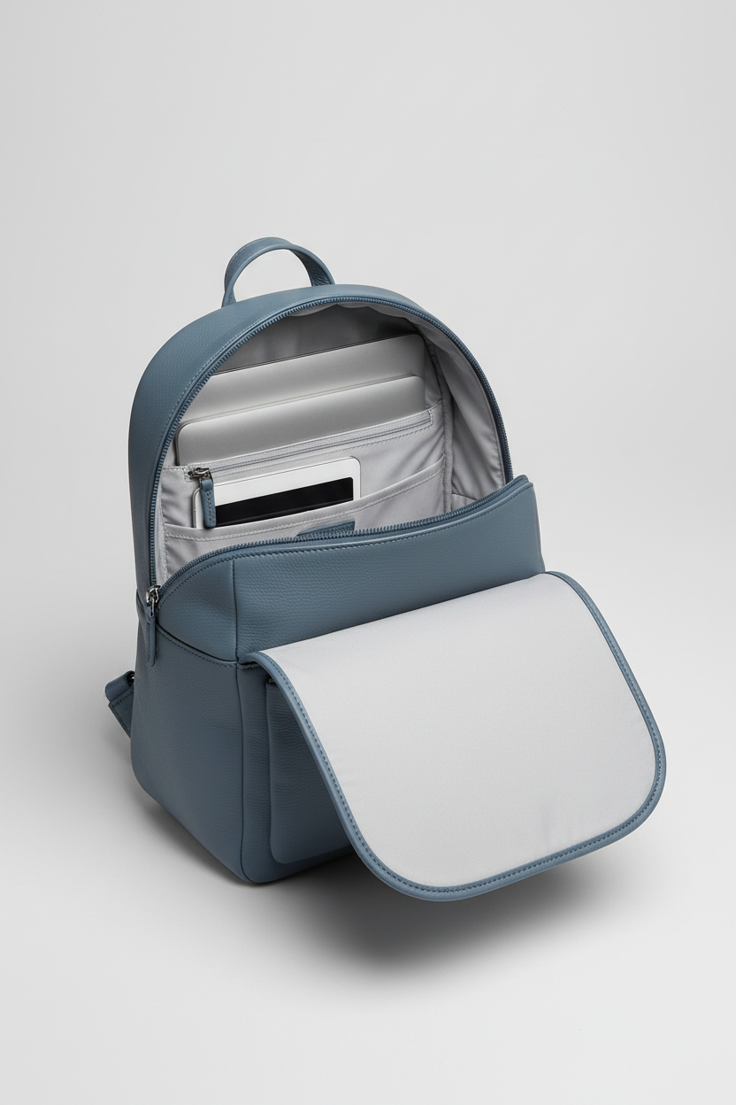 Elegant Everyday Women's Backpack in Arctic Lagoon Blue Structured Luxe Leather – Interior View
