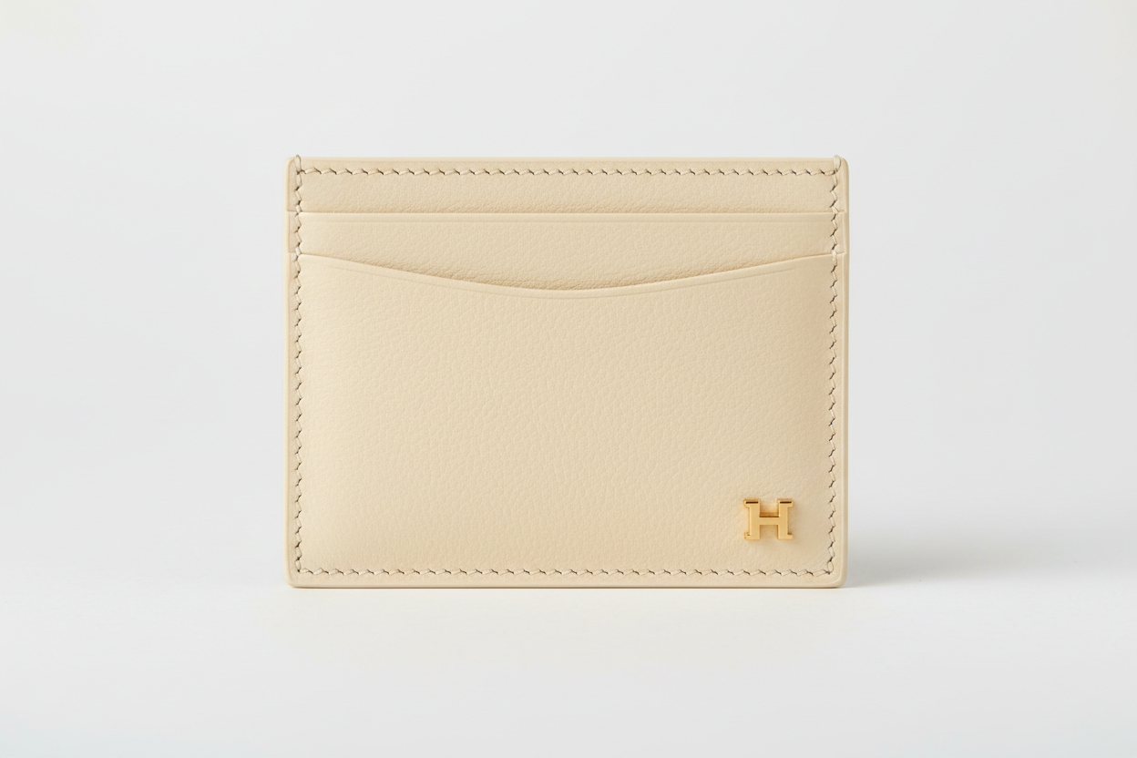 Executive Mini Porte-Cartes in Cream Drift Sand, leather and hardware close-up