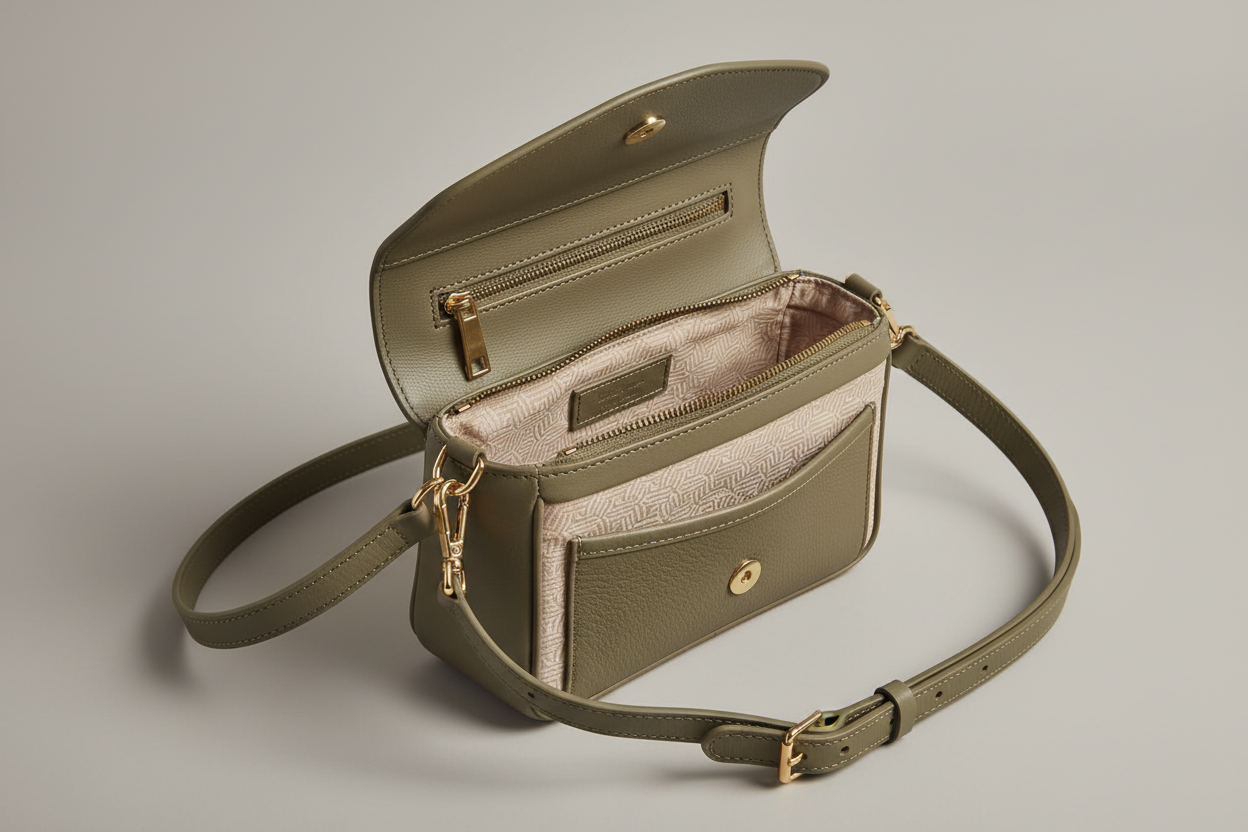 Everyday Mini Crossbody in Olive Dust, open interior view