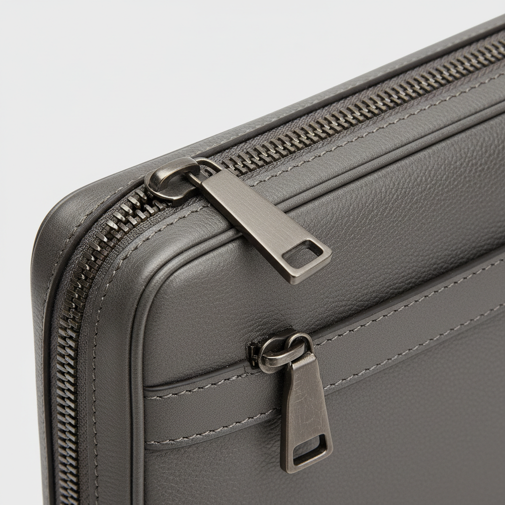 Executive Slim Briefcase in Slate Pewter Grey – Leather & Hardware Detail