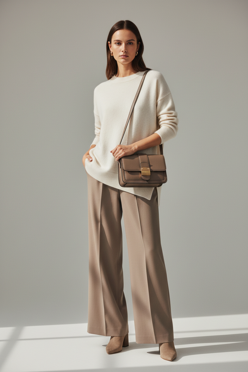Female model carrying Contemporary Flap Shoulder Bag in Ash Mocha