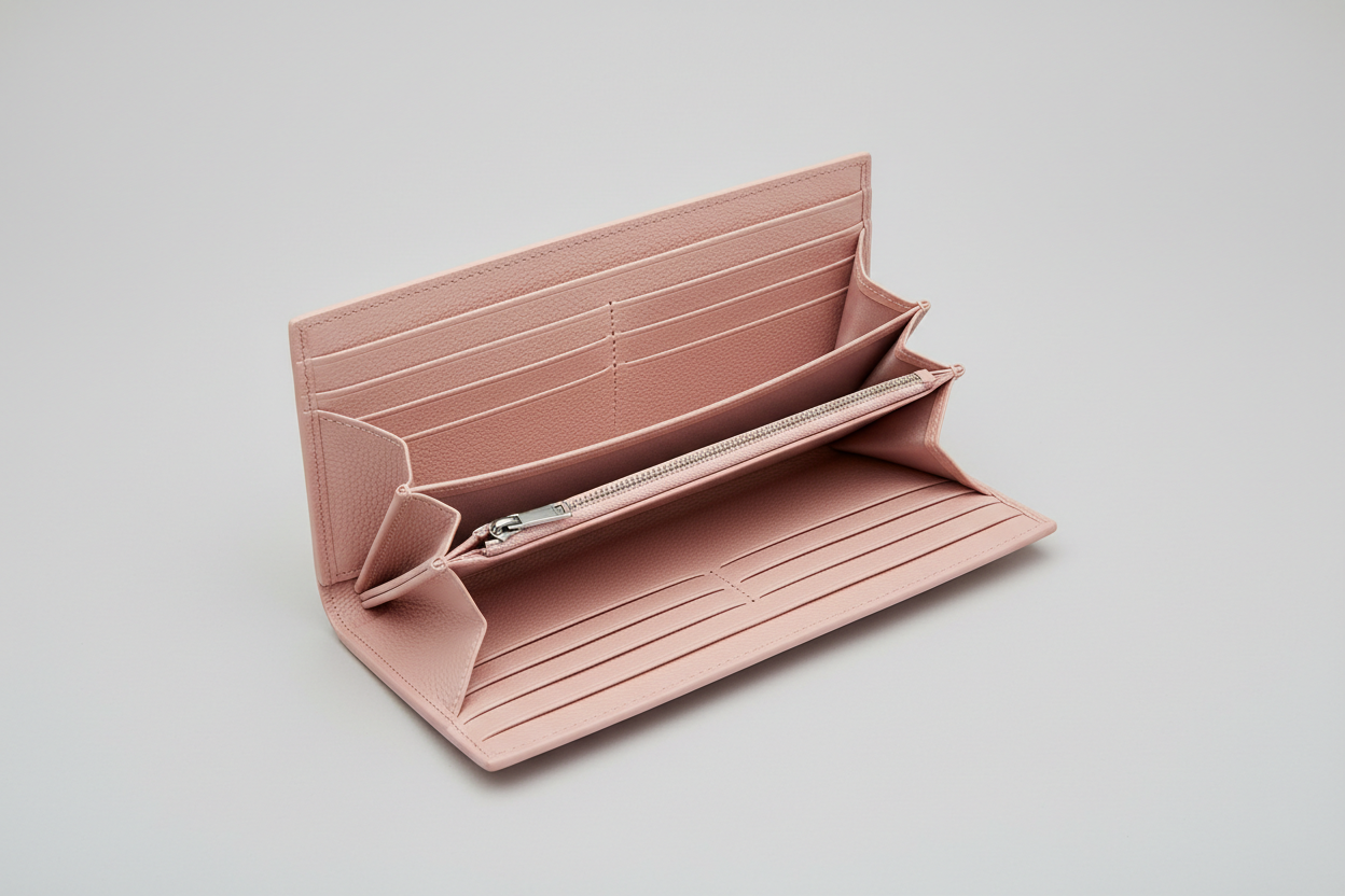 Luxury Long Wallet in Pink, open interior with card slots and bill compartment