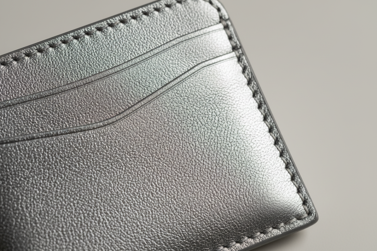 Minimal Card Wallet in Silver, premium saddle leather macro close-up