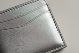 Minimal Card Wallet in Silver, premium saddle leather macro close-up
