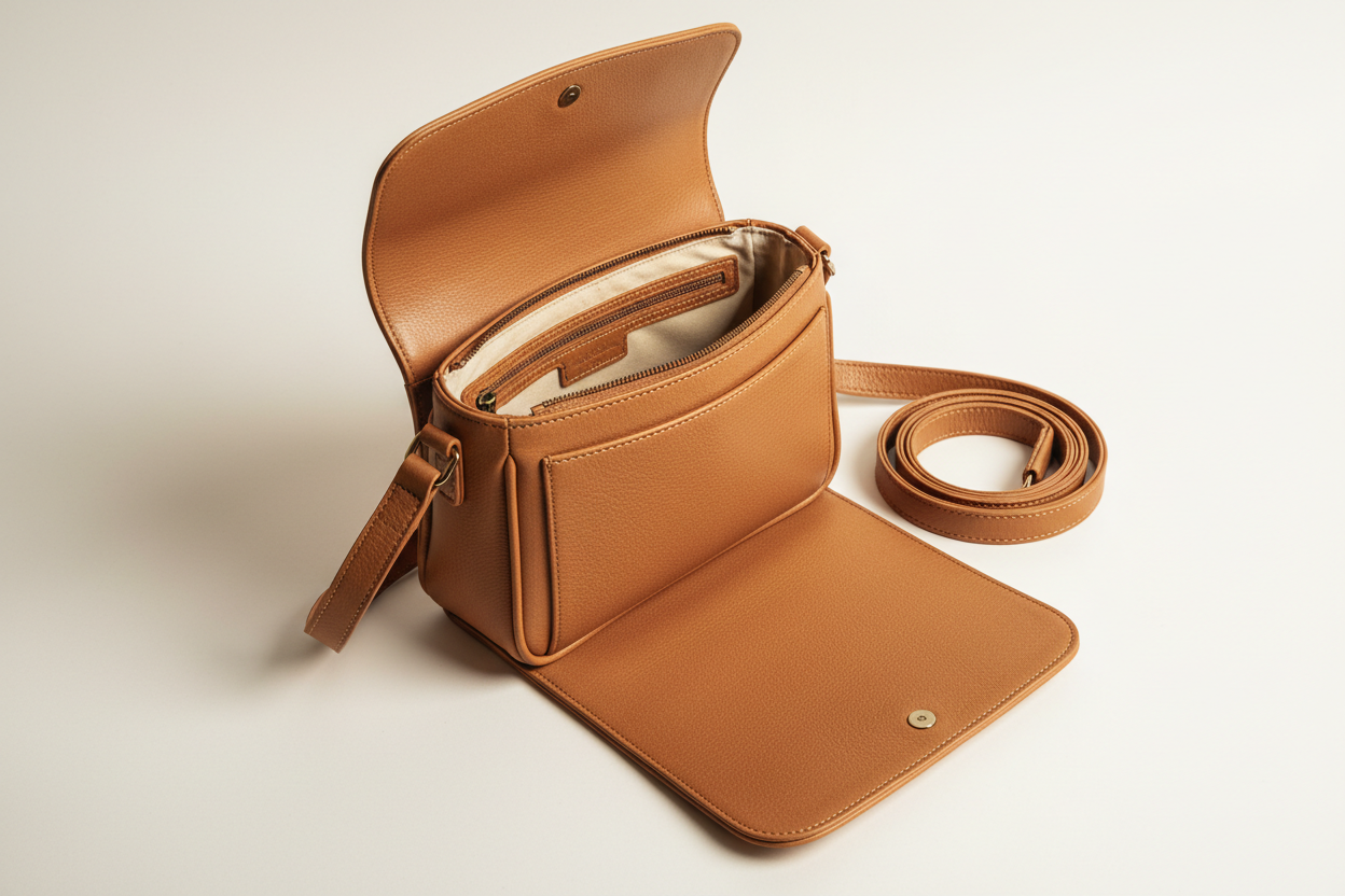 Everyday Mini Crossbody in Warm Almond, open interior view