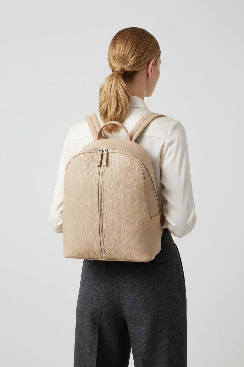 Urban Luxe Women's Backpack in Vanilla Stone Beige Premium Pebbled Leather – Female Model