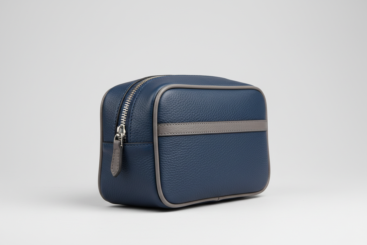 Modern Travel Pouch in Blue and Gray, side angle view
