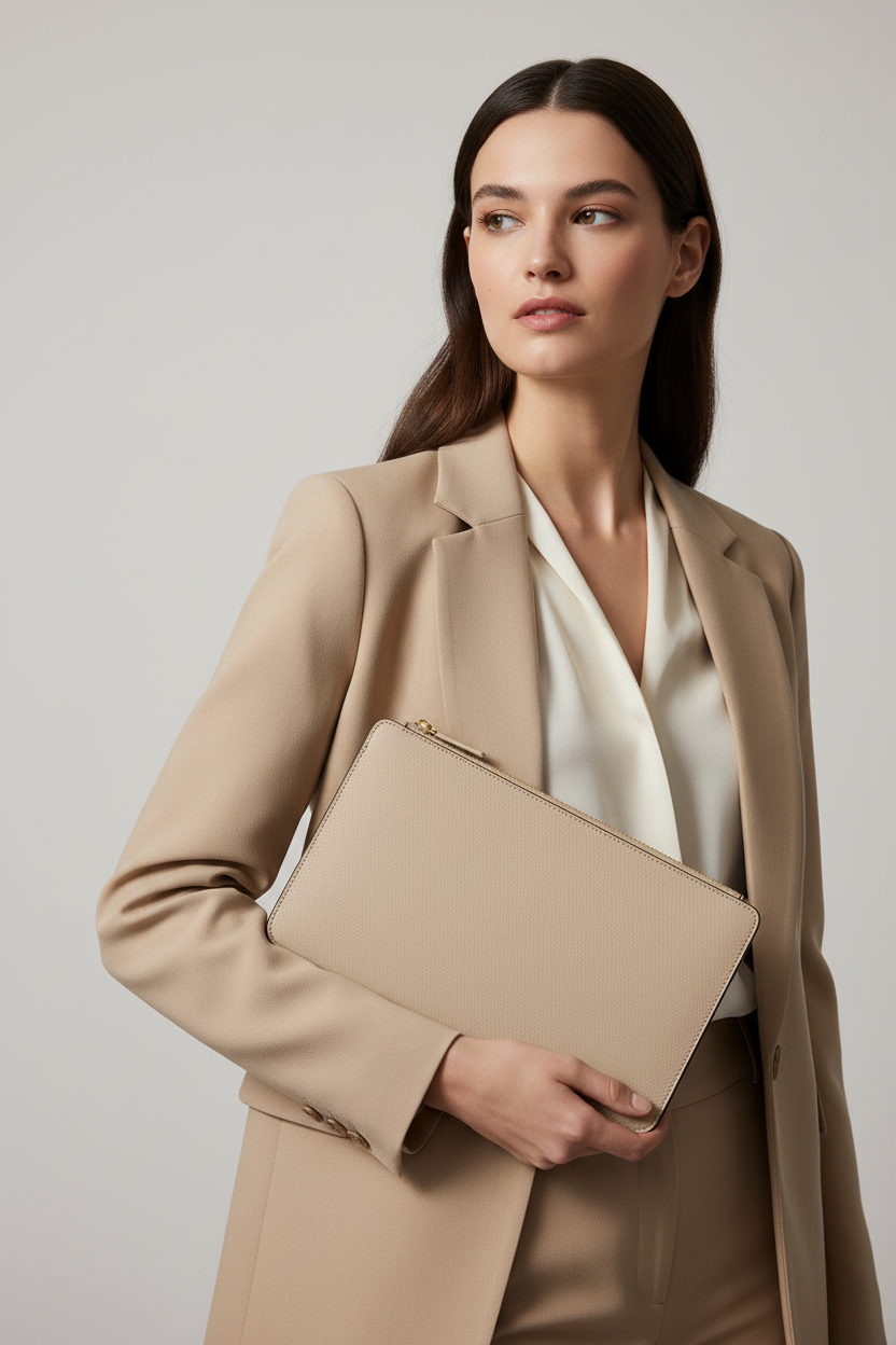 Quiet Luxury Tablet Pochette in Champagne Drift Beige Brushed Office Leather – Professional Model