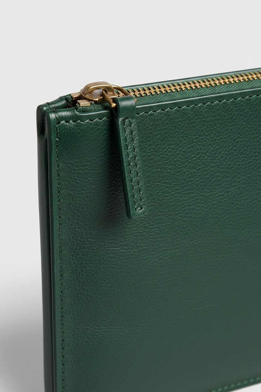 Elite Office Carry Pochette in Emerald Pine Green Luxury Utility Leather – Leather & Zipper Detail