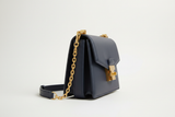 Sculpted Designer Shoulder Bag in Midnight Navy, side angle view