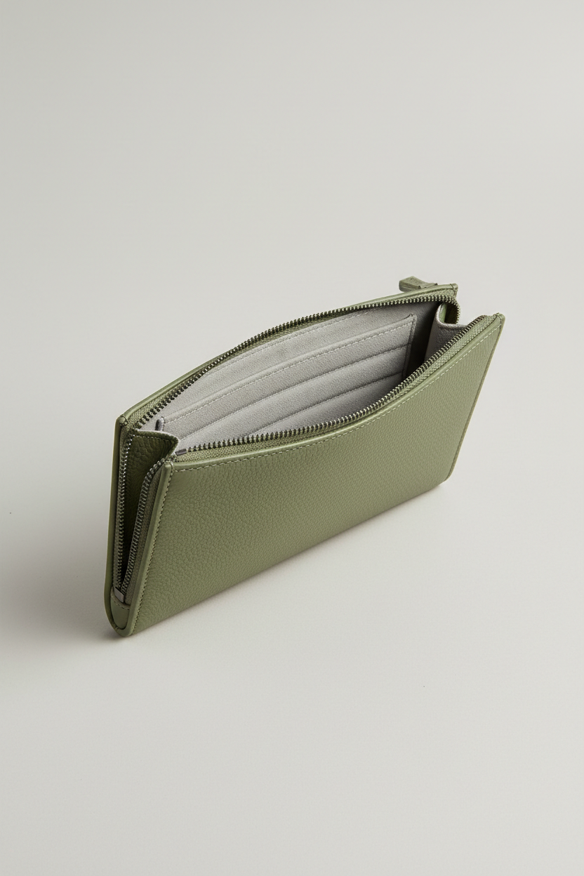 Quiet Luxury Tablet Pochette in Sage Timber Green Refined Pebbled Leather – Interior View