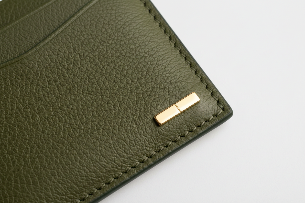 Luxury Essential Card Holder in Evergreen Timber Moss, grain leather and hardware close-up