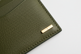 Luxury Essential Card Holder in Evergreen Timber Moss, grain leather and hardware close-up
